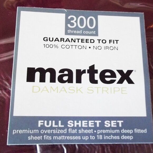 Martex Damask Stripe Full Sheet Set, Burgundy, Cotton Deep Pocket, 300 Thread Ct - Picture 3 of 6